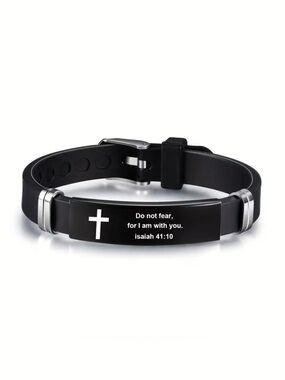 Men's Black Silicone Faith Bracelet with Cross and Isaiah 41:10 Engraving